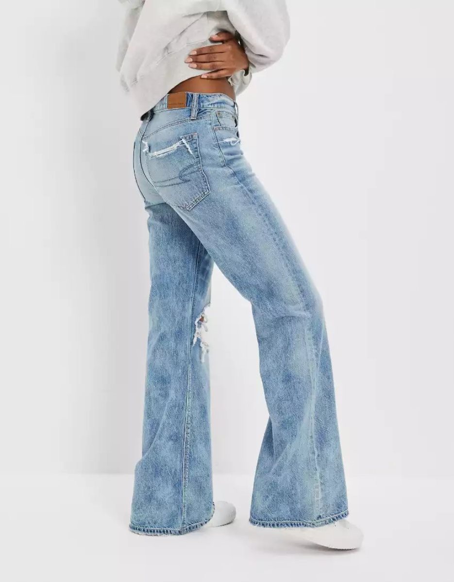 Jean American Eagle AE Dreamy Drape Ripped Low-Rise Baggy Flare Indigo Femme | WGP-62830484